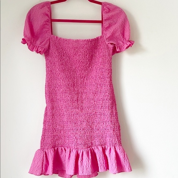 ZARA Barbie Core Pink Square Neck Dress with Puff Sleeves Flounced Hem M - Picture 4 of 12